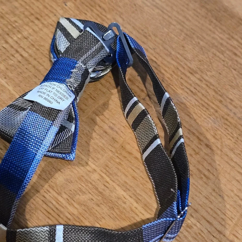 Kids Plaid‎ Bow Tie Blue Grey White Adjustable Pre-Tied Formal Accessory
